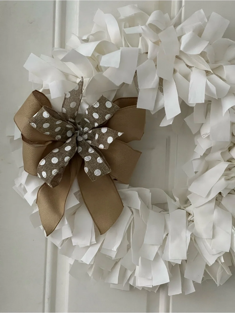 Neutral White Fabric Holiday Wreath with Tan Polka Dot Bow